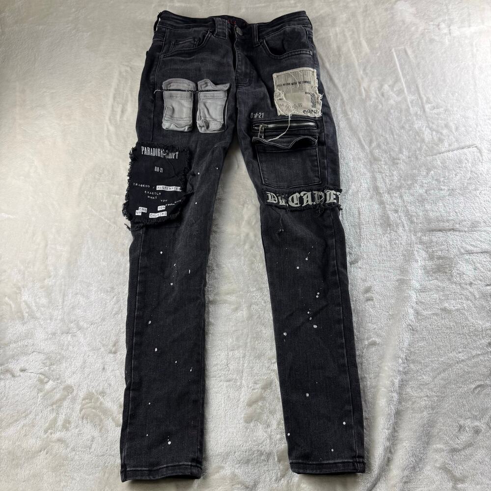 Gala Distressed Patched Black Jeans Men's Size 28 Straight Leg Paint Splatter
